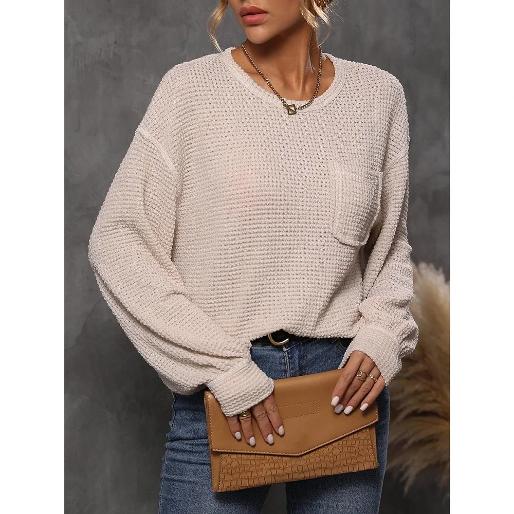 Minimalist Bishop Sleeve Pocket Patched Topstitching Tee waffle thermal - Picture 5 of 10